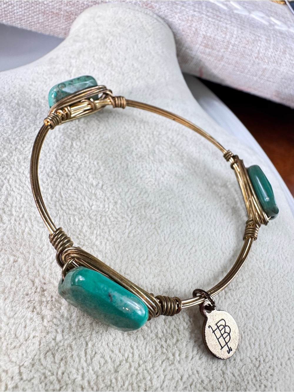 Bourbon and Bowties Gold-Tone Wire Bangle with Teal Green Stones